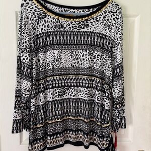 Ruby Rd Black and White Graphic Long Sleeve Blouse with gold embellishments